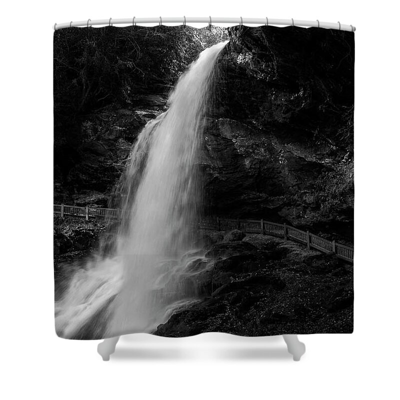 Dry Falls Walkway Shower Curtain featuring the photograph Dry Falls Black And White by Dan Sproul