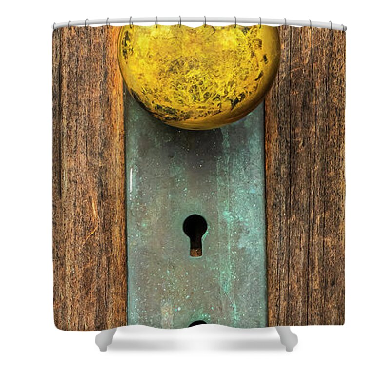 Weathered Shower Curtain featuring the photograph Dual Keyholes And Weathered Doorknob by Gary Slawsky