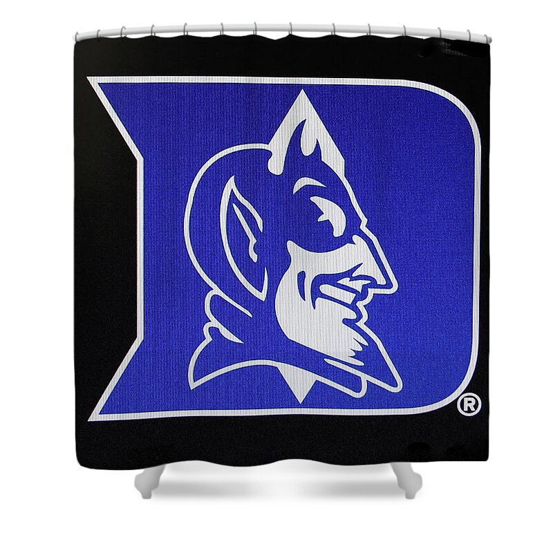 Face Mask Shower Curtain featuring the photograph Duke Blue Devils Logo by Allen Beatty