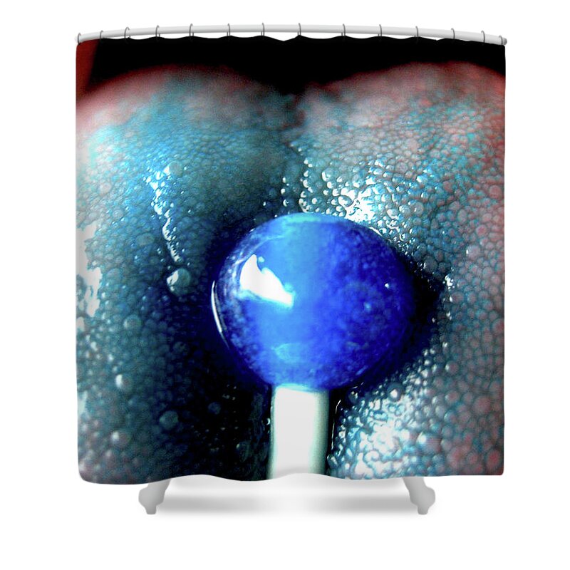 Mouth Tongue Blue Dum Dumb Sucker Shower Curtain featuring the photograph Dum Dumb by Kasey Jones