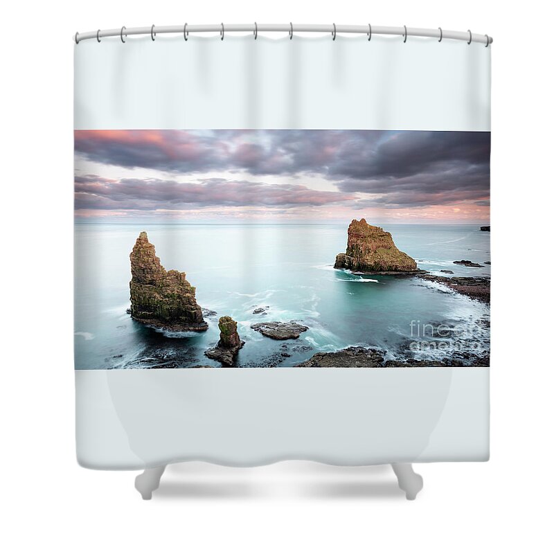 Duncansby Shower Curtain featuring the photograph Duncansby Sea Stacks at Sunset by Maria Gaellman