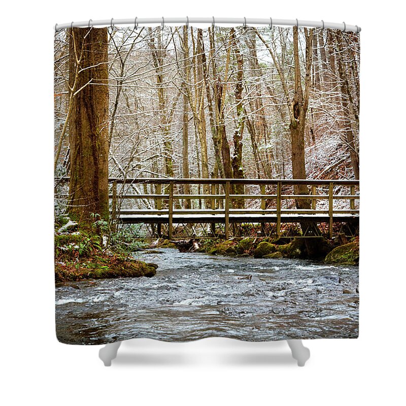 Carolina Shower Curtain featuring the photograph Dusting of Snow on the Bridge by Debra and Dave Vanderlaan