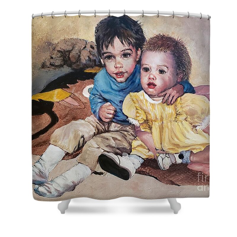 Children Shower Curtain featuring the painting Dynamic Duo by Merana Cadorette