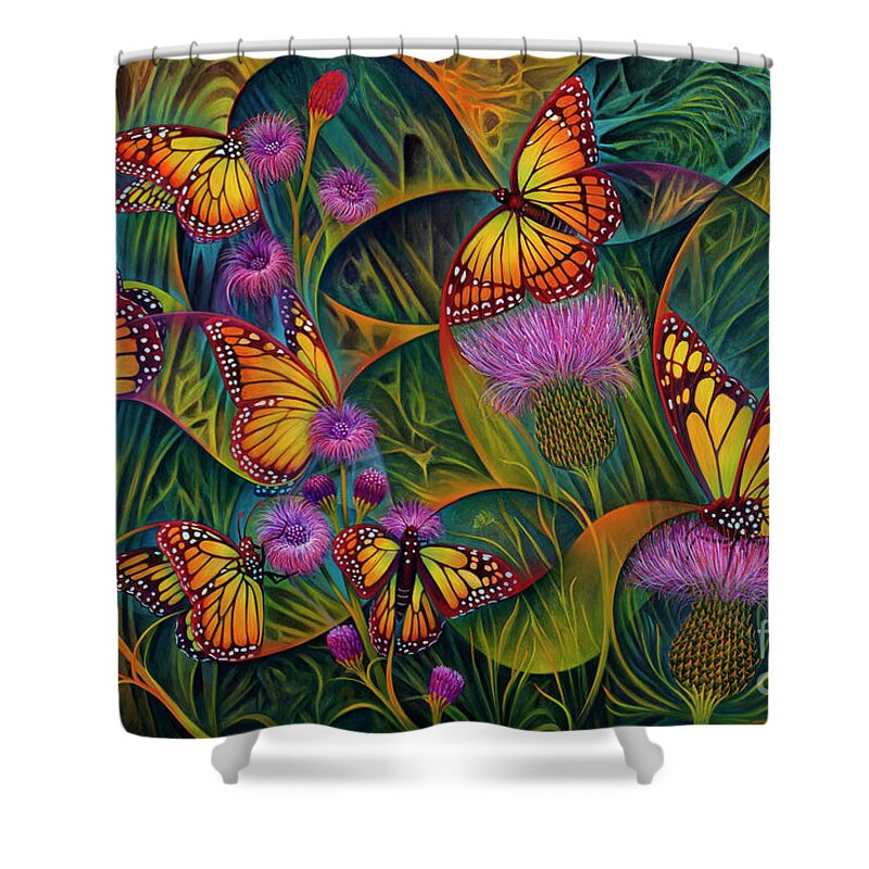 Butterflies Shower Curtain featuring the painting Dynamic Monarchs by Ricardo Chavez-Mendez