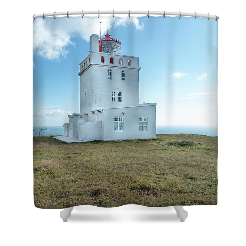 Travel Shower Curtain featuring the photograph Dyrholaey Lighthouse by Kristia Adams
