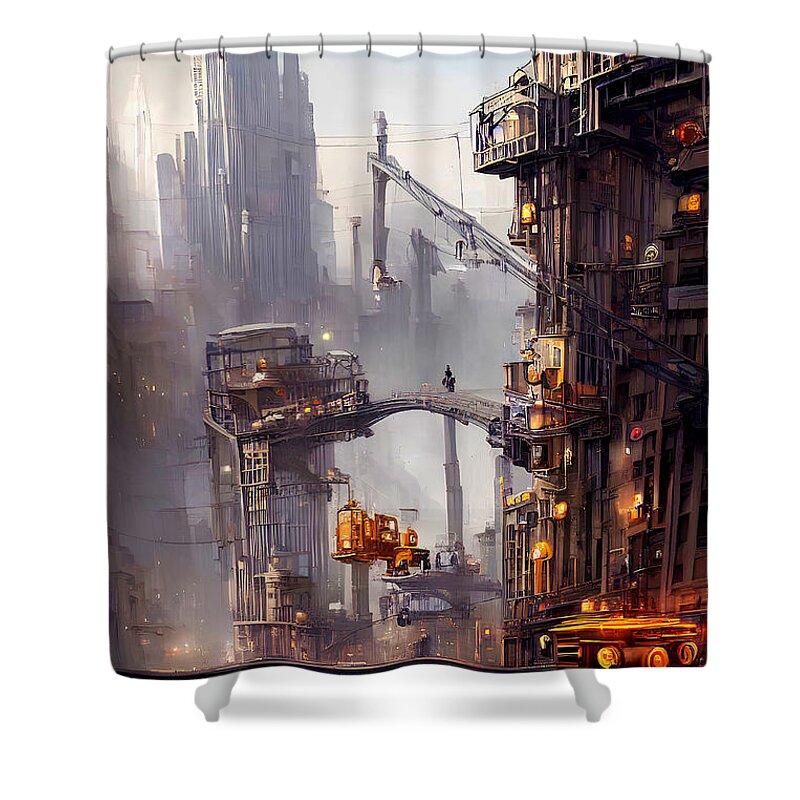 Wingsdomain Shower Curtain featuring the mixed media Dystopian Cityscape The Construction Site 20221003a by Wingsdomain Art and Photography