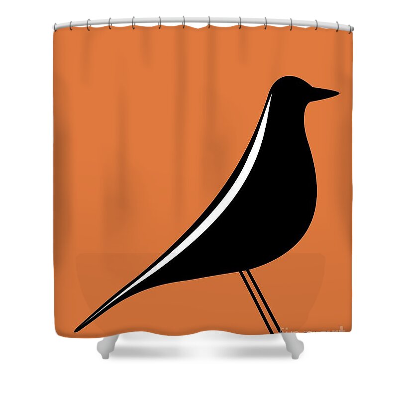 Mid Century Modern Shower Curtain featuring the digital art Eames House Bird on Orange by Donna Mibus
