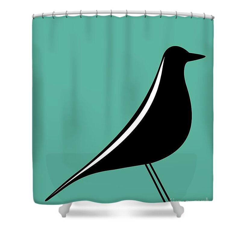 Mid Century Modern Shower Curtain featuring the digital art Eames House Bird on Teal by Donna Mibus