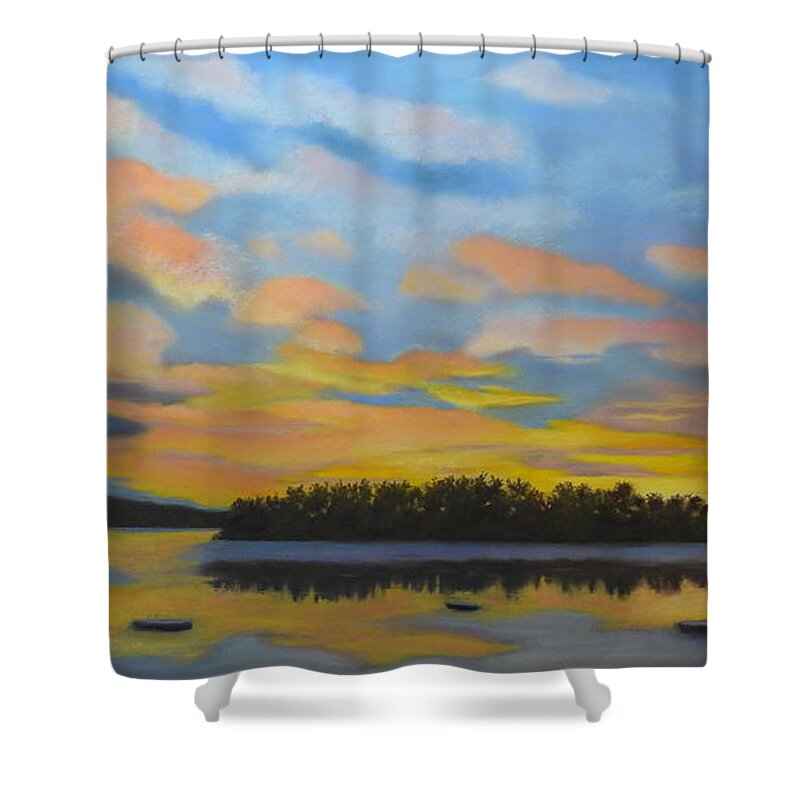 Spofford Lake Shower Curtain featuring the pastel Early Morning on Spofford Lake by Carol Corliss