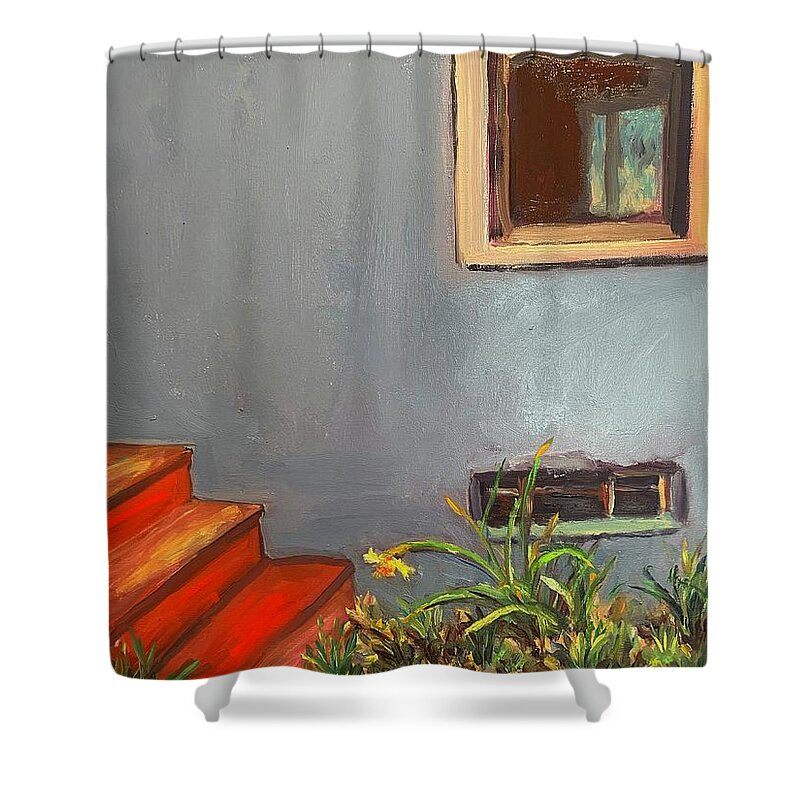 Patio Stairs Spring Shower Curtain featuring the painting Early Spring by Beth Riso