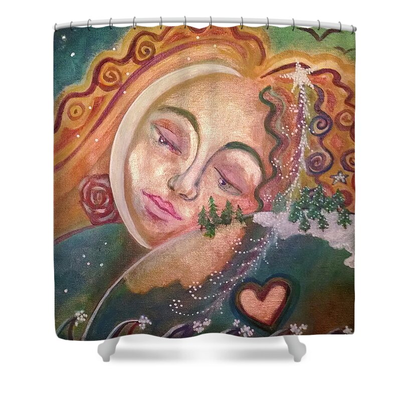 Earth Shower Curtain featuring the painting Earth, Moon and Star by Bernadette Wulf