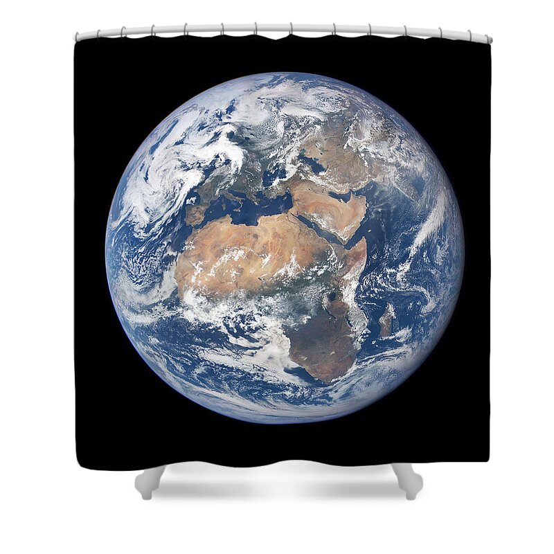Restore Our Earth Shower Curtain featuring the digital art Earth View from Space - Longitude 30 E by Stoneworks Imagery