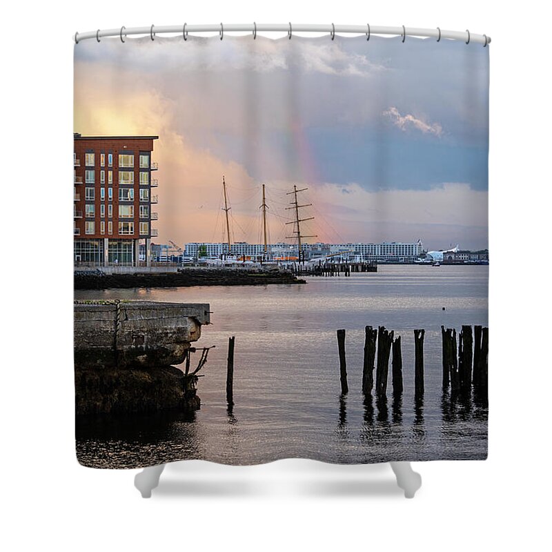 Boston Shower Curtain featuring the photograph East Boston Rainbow Sunset Rainbow Through the Pilings by Toby McGuire