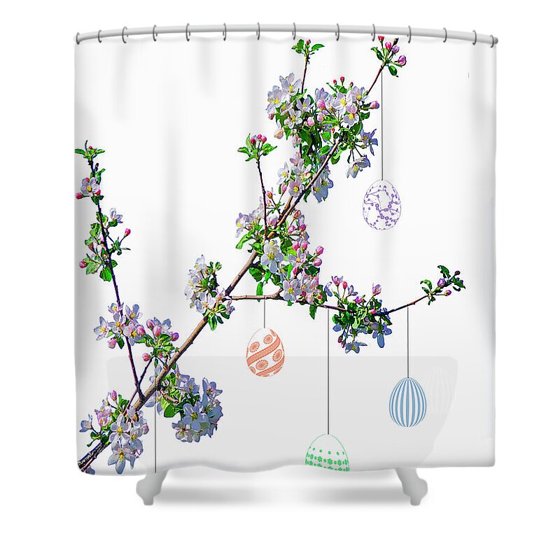 Branch Shower Curtain featuring the mixed media Easter Egg Tree by Moira Law