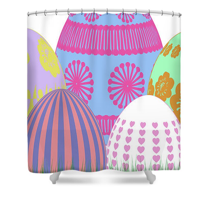 Easter Shower Curtain featuring the mixed media Easter Eggs in Spring Grass by Moira Law