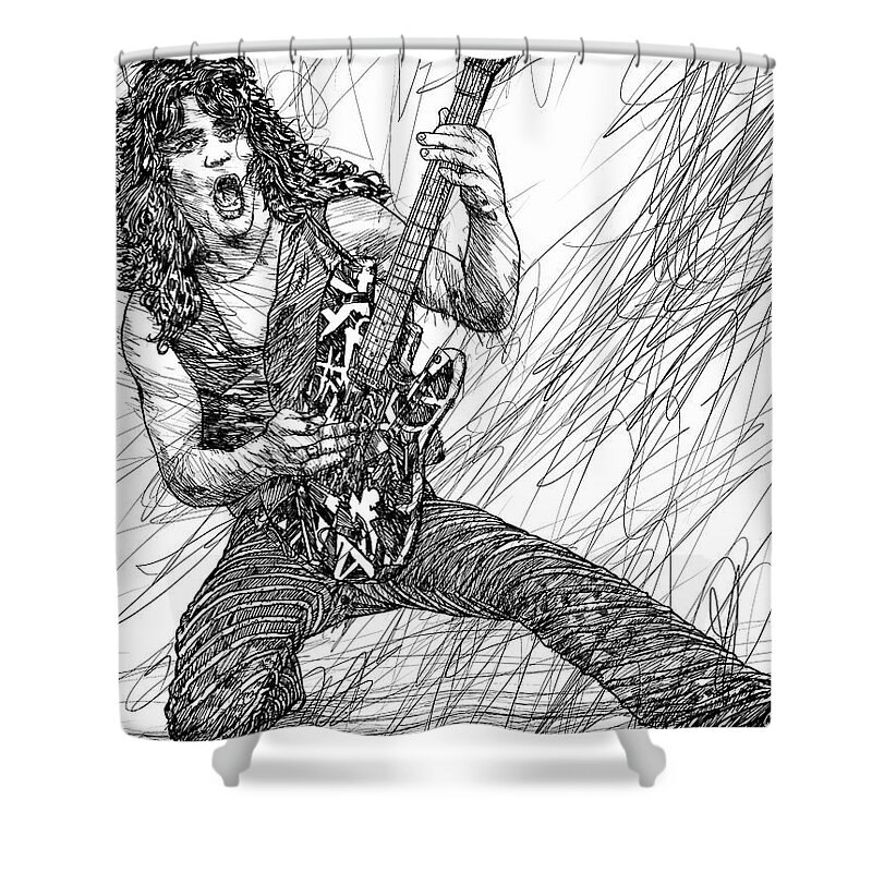 Van Halen Shower Curtain featuring the drawing EDDIE VAN HALEN ink portrait .1 by Fabrizio Cassetta