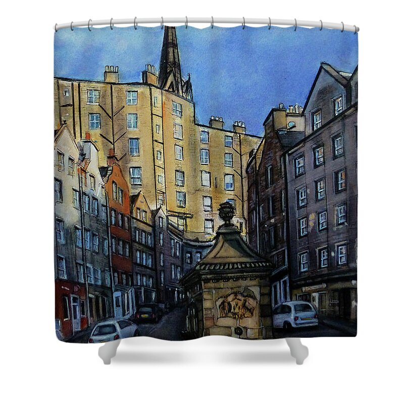 Architecture Shower Curtain featuring the painting Edinburgh, Victoria Street by Henrieta Maneva