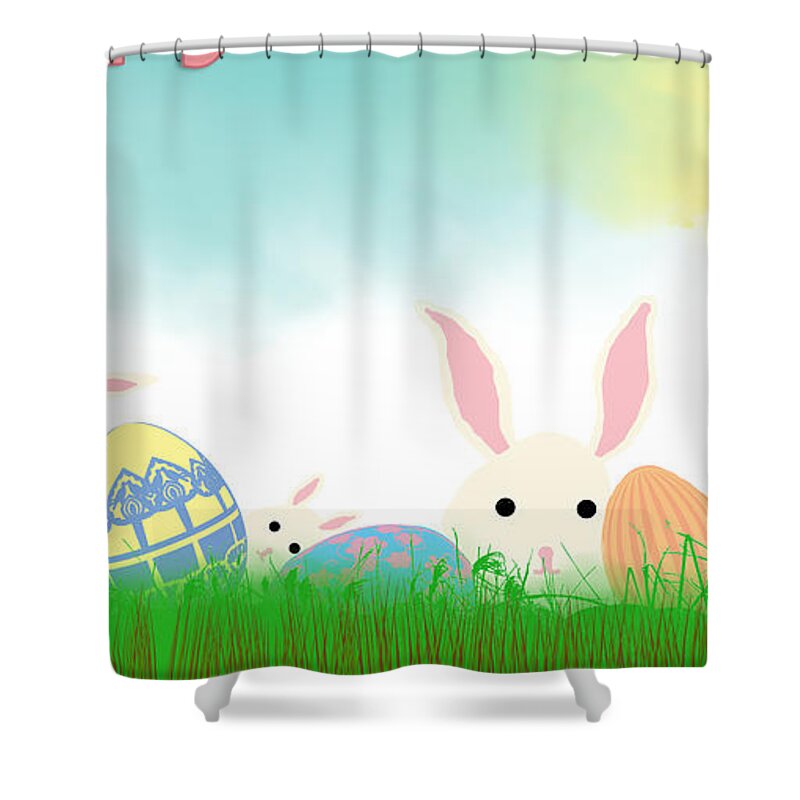 Rabbit Shower Curtain featuring the mixed media Eggs and Bunnies by Moira Law