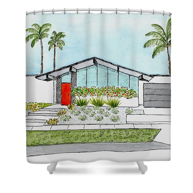 Mid Century Modern Home Shower Curtain featuring the painting Eichler Home in California by Donna Mibus