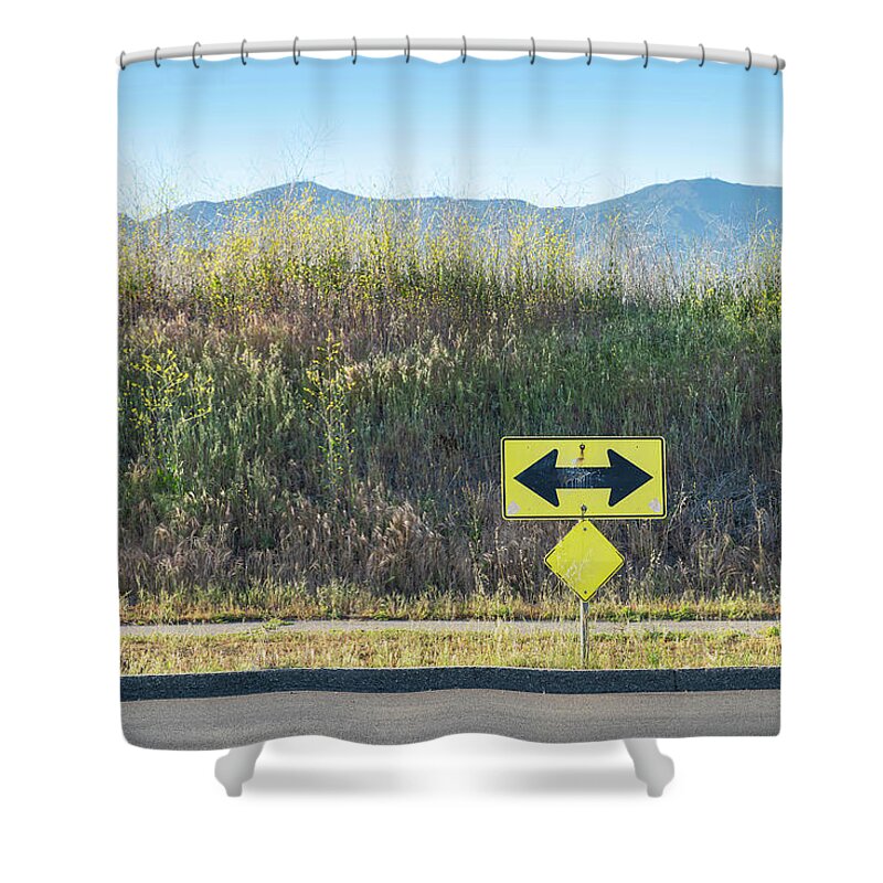 Colorful Simple Road Sign Arrow Two-way Street Santa Barbara Ca California Landscape Golden Hour Weeds Plants Mountain Sky Shower Curtain featuring the photograph Either Way SS by Perry Hambright