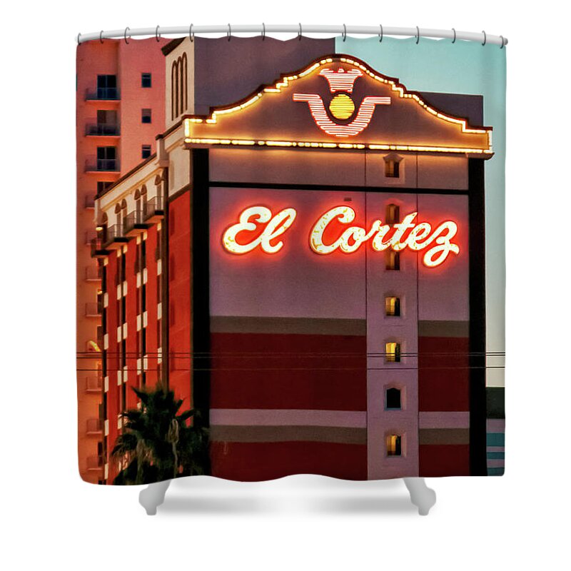 El Cortez Shower Curtain featuring the photograph El Cortez Hotel Sign Las Vegas by Tatiana Travelways