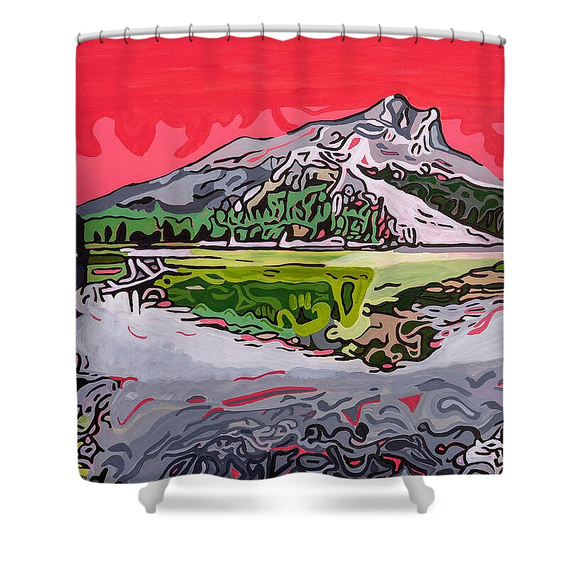 Pink Sky Shower Curtain featuring the painting Elbow Lake Reflections by Artrophy Studios