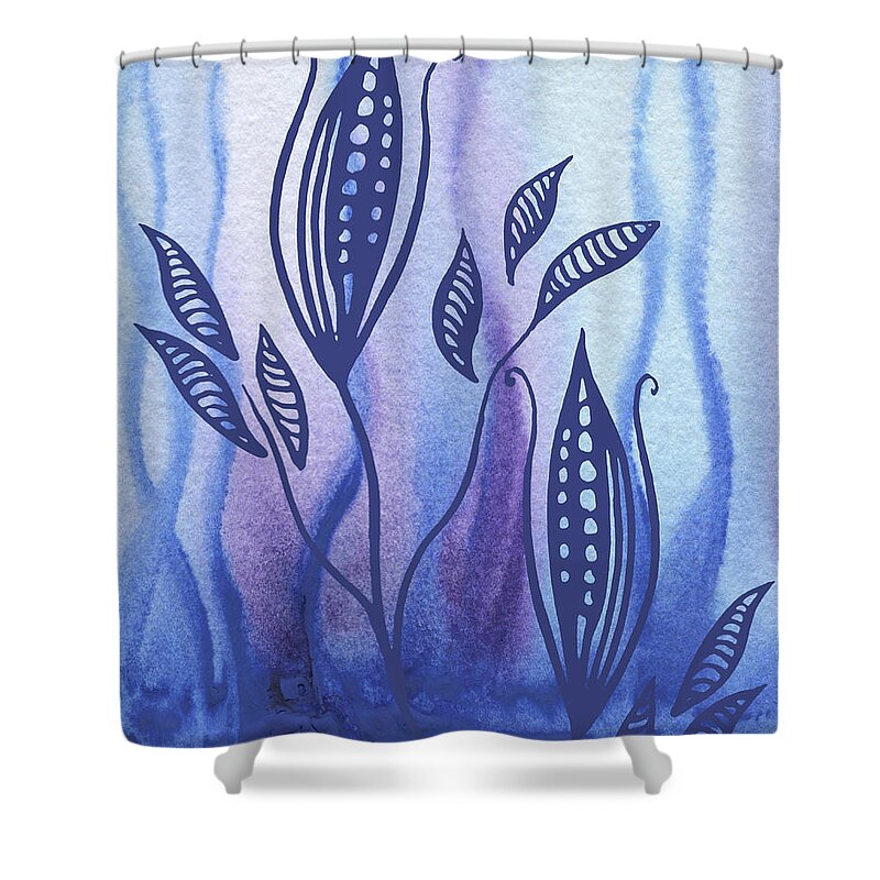 Floral Pattern Shower Curtain featuring the painting Elegant Pattern With Leaves In Blue And Purple Watercolor II by Irina Sztukowski