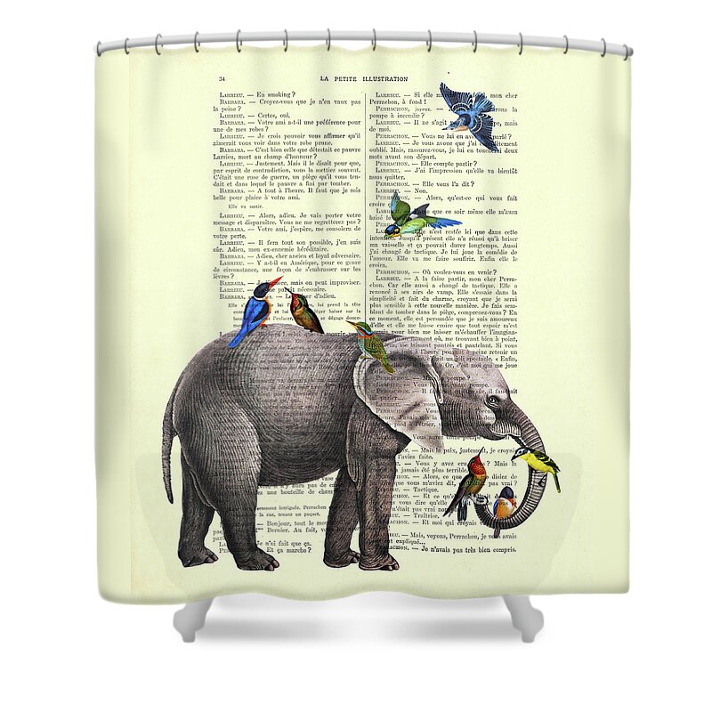 Elephant Shower Curtain featuring the digital art Elephant and birds antique illustration by Madame Memento