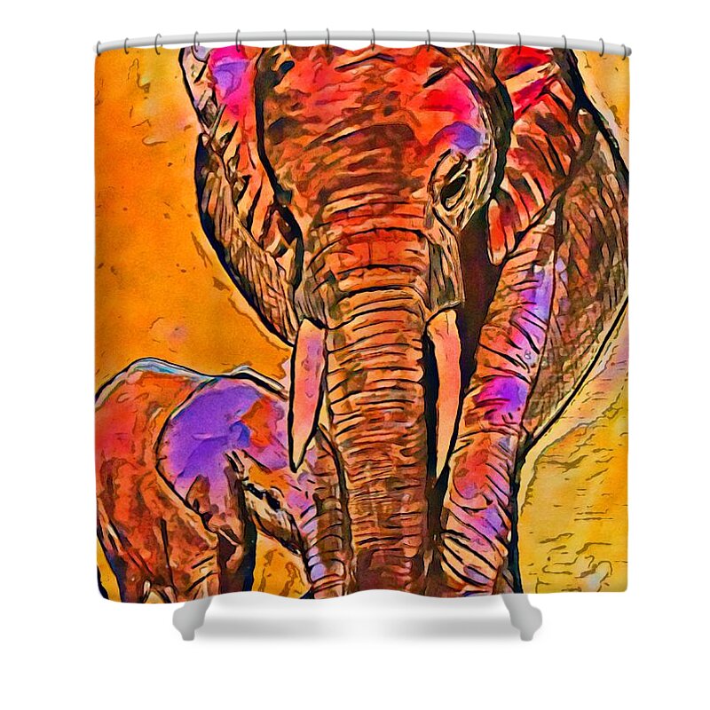Elephant Shower Curtain featuring the mixed media Elephant Stroll 1 by Eileen Backman
