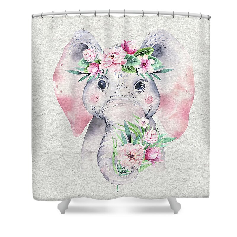 Elephant Shower Curtain featuring the painting Elephant With Flowers by Nursery Art