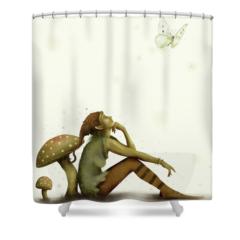 Elf Shower Curtain featuring the painting Elf and Butterfly by Joe Gilronan