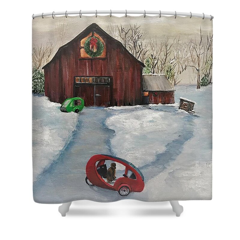 Snow Scene Shower Curtain featuring the painting ELF Holiday Scene 2021 by Deborah Naves