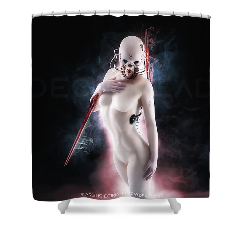 Argus Dorian Shower Curtain featuring the digital art Elina the first Hybrid Assassin v2 by Argus Dorian