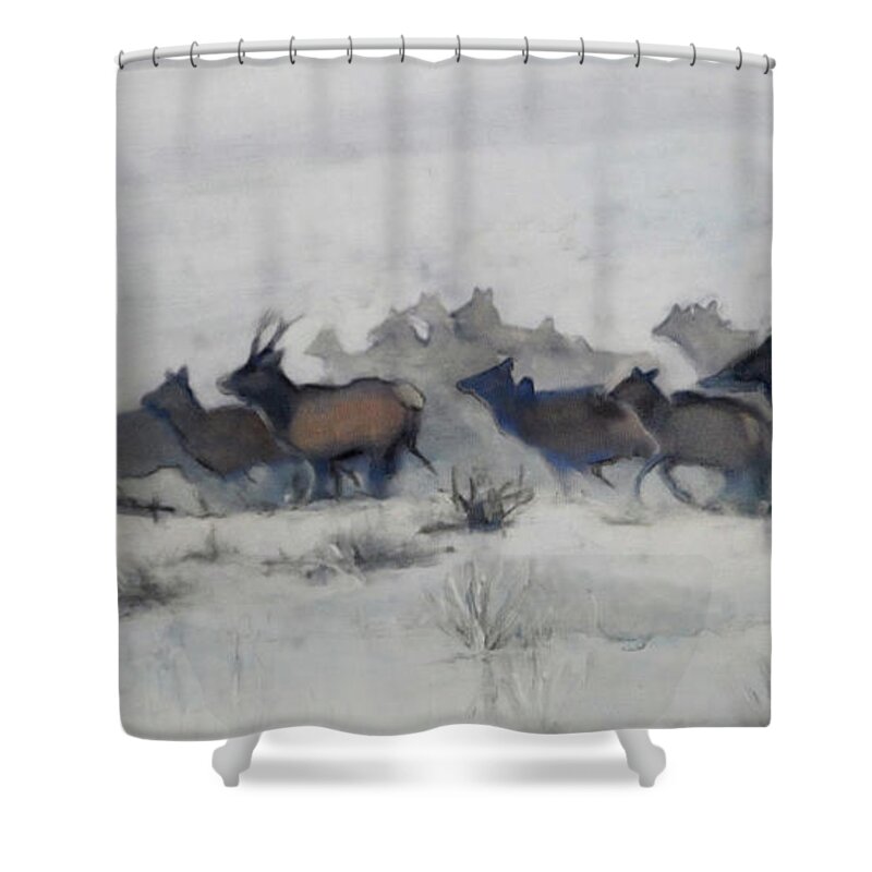 Elk Shower Curtain featuring the painting Elk Migration, 2019 by PJ Kirk