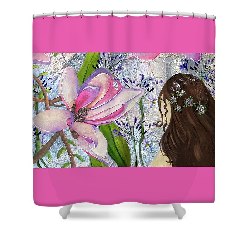 Girl Whimsical Floral Colorful Abstract Shower Curtain featuring the mixed media Elle by Lorie Fossa