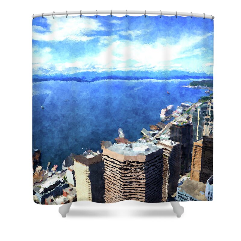 Columbia Center Shower Curtain featuring the digital art Elliott Bay Seattle by SnapHappy Photos