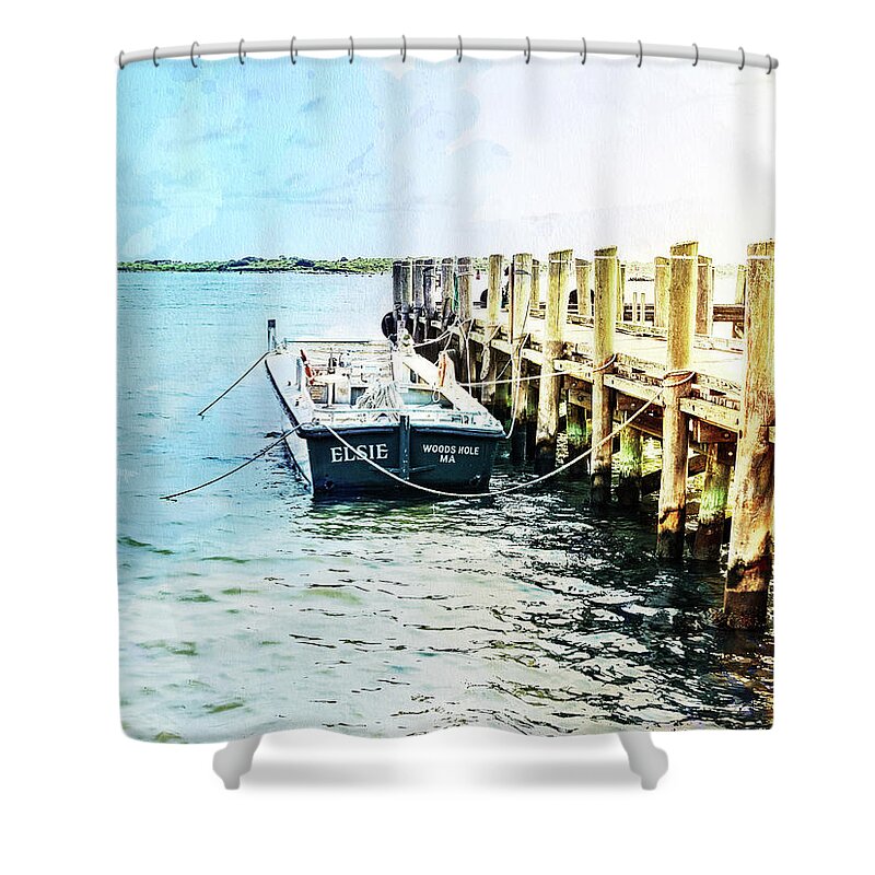 Cape Cod Shower Curtain featuring the mixed media Elsie on the Water by Marianne Campolongo