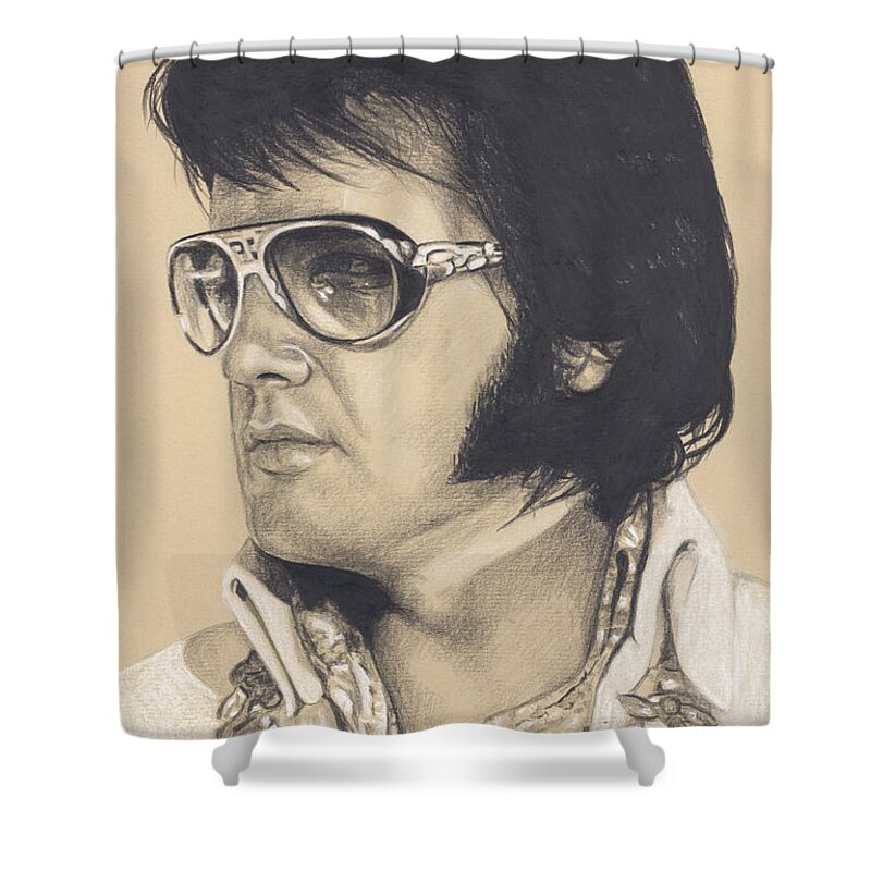 Elvis Shower Curtain featuring the drawing Elvis in Charcoal #266 by Rob De Vries