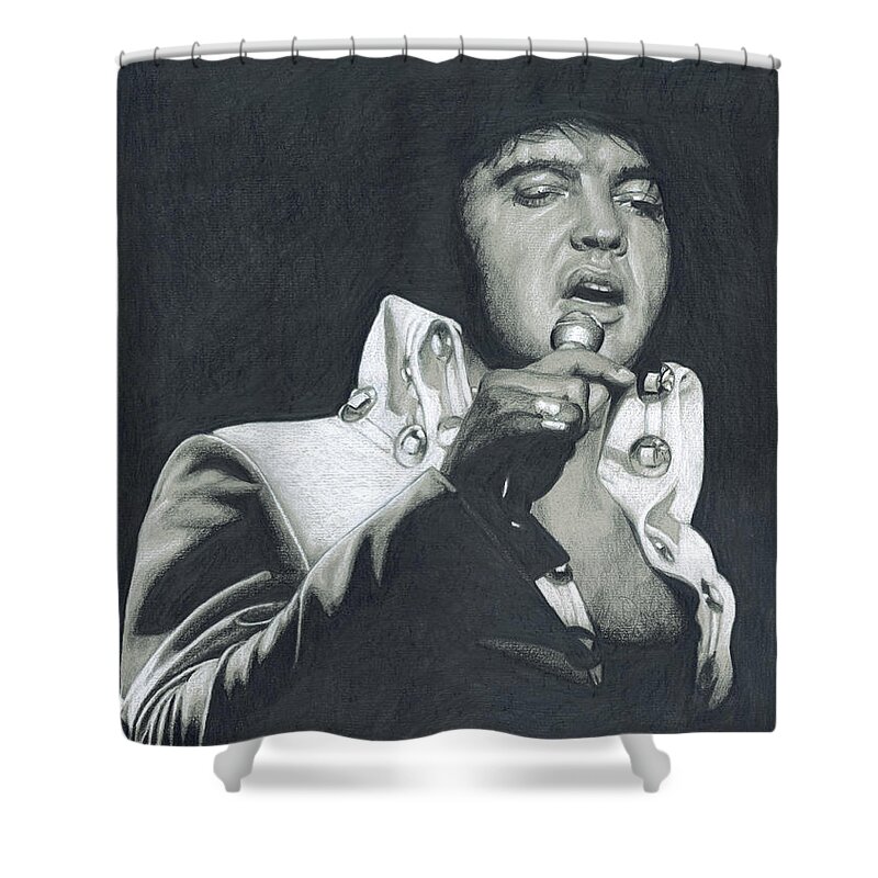 Elvis Shower Curtain featuring the drawing Elvis in Charcoal #298 by Rob De Vries