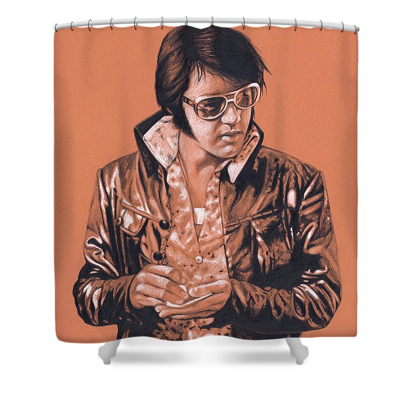 Elvis Shower Curtain featuring the drawing Elvis in Charcoal #301 by Rob De Vries