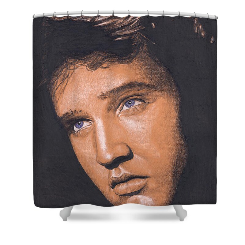 Elvis Shower Curtain featuring the drawing Elvis in Charcoal no. 261 by Rob De Vries