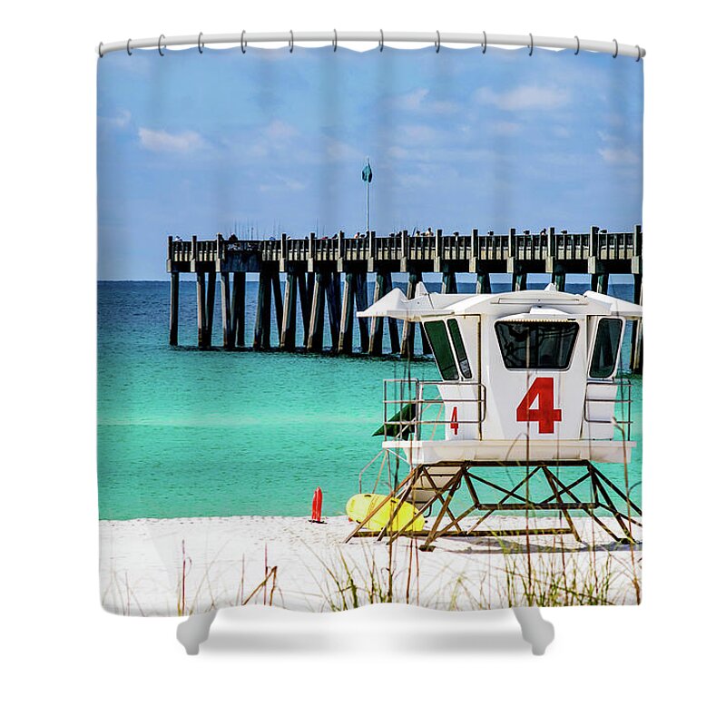 Pensacola Beach Shower Curtain featuring the photograph Emerald Pensacola Beach Florida Pier by Beachtown Views