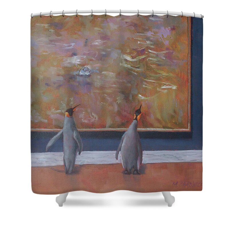 Emperor Penguins Shower Curtain featuring the painting Emperors Enjoy Monet by Marguerite Chadwick-Juner