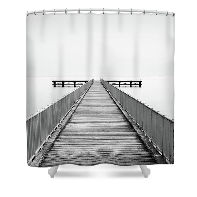 Seascape Shower Curtain featuring the photograph Empty Pier, Minimal seascape by Michalakis Ppalis