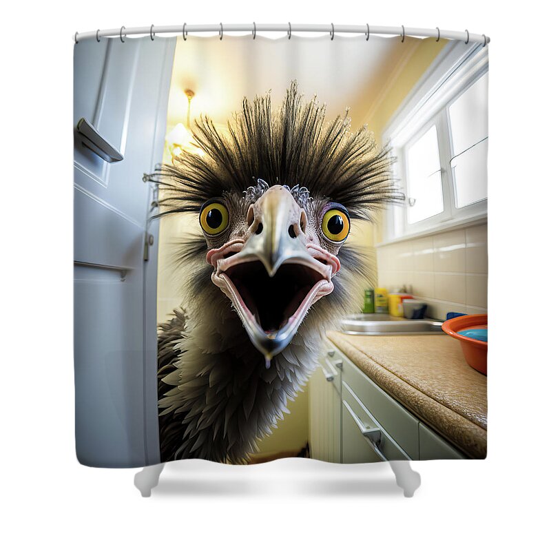 Emu Shower Curtain featuring the digital art Emu in the Kitchen 02 by Matthias Hauser