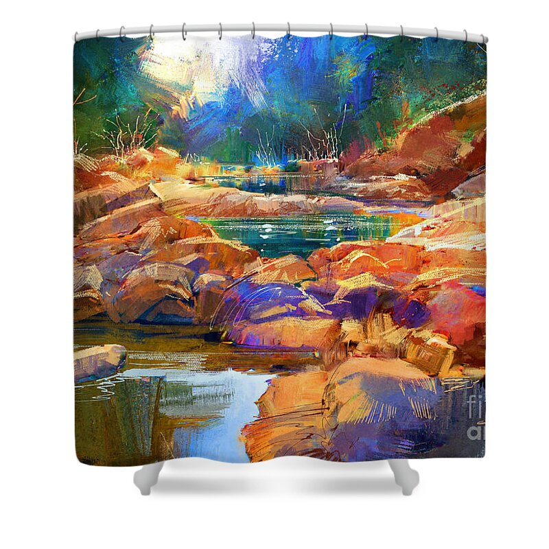 Abstract Shower Curtain featuring the painting Enchanted Creek by Tithi Luadthong