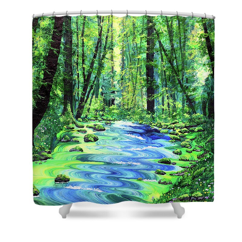 Pacific Northwest Shower Curtain featuring the painting Enchanting Woodland by Laura Iverson