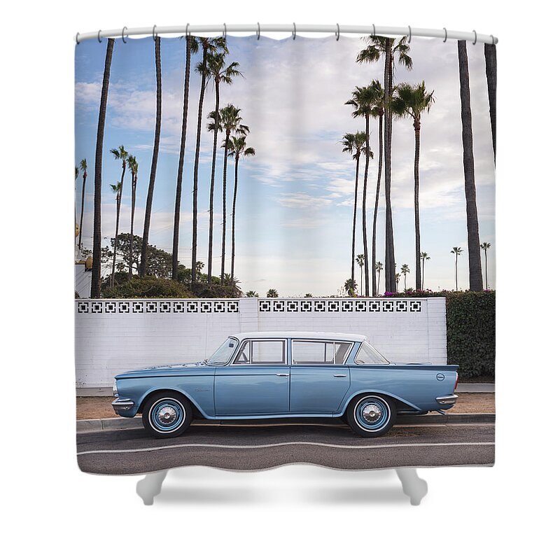 #faatoppicks San Diego Rambler Encinitas North County Southern California Beach Ocean Palm Trees Sunset Classic Cars West Coast United States Coastal Region Still Life Color Photography Road Street Nikon D800 William Dunigan United States Trip Urban Street Scene American Motors Corporation United States Americana Clouds Cool Shower Curtain featuring the photograph Encinitas CA Rambler by William Dunigan