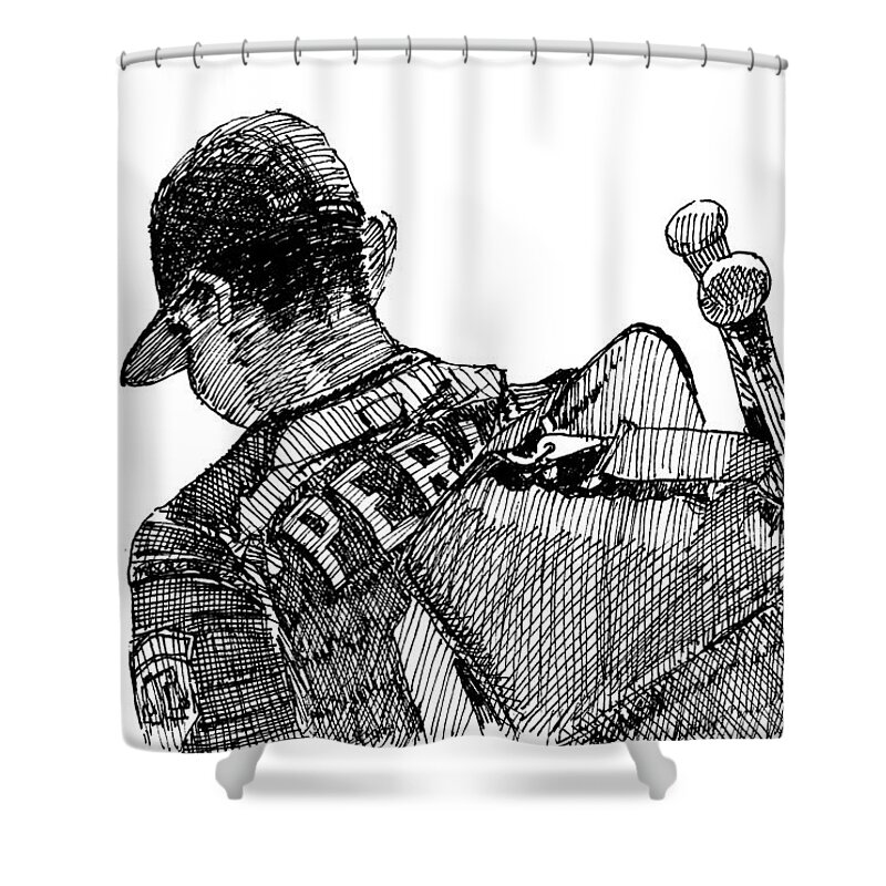 Baseball Shower Curtain featuring the drawing Baseball End of Batting Practice by Bill Tomsa