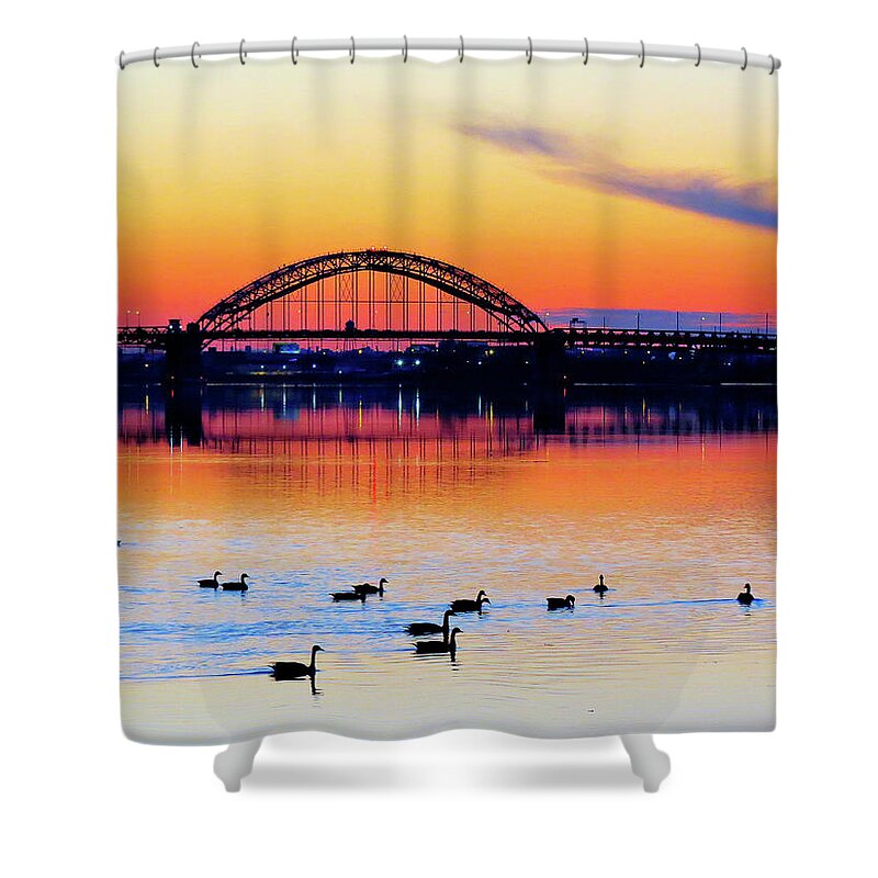 Sunset Shower Curtain featuring the photograph End of Day on the Delaware by Linda Stern